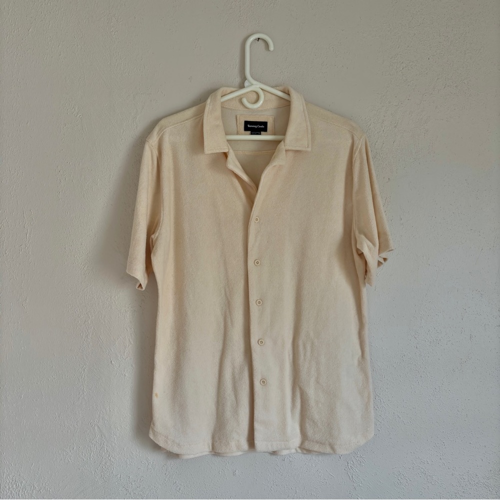 BARNEY COOLS Men's Terry Casul Button Down Shirt - Cream/Beige (Size: M)